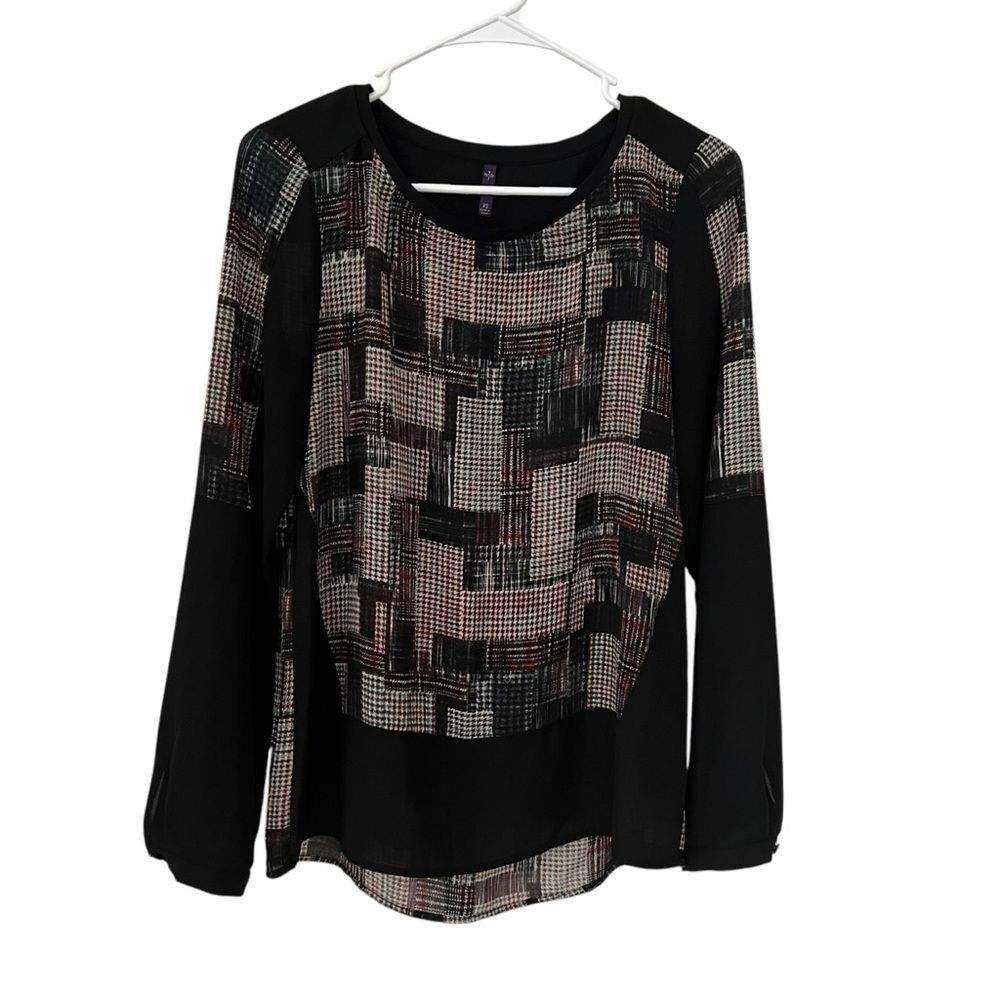 NYDJ Black Plaid Print Long Sleeve Top